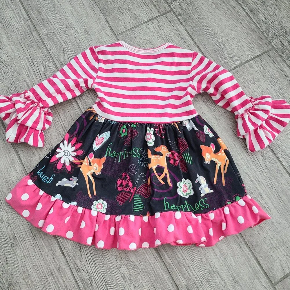 Little girl Bambi tunic dress pink & white striped Thumper floral ruffles sz XS